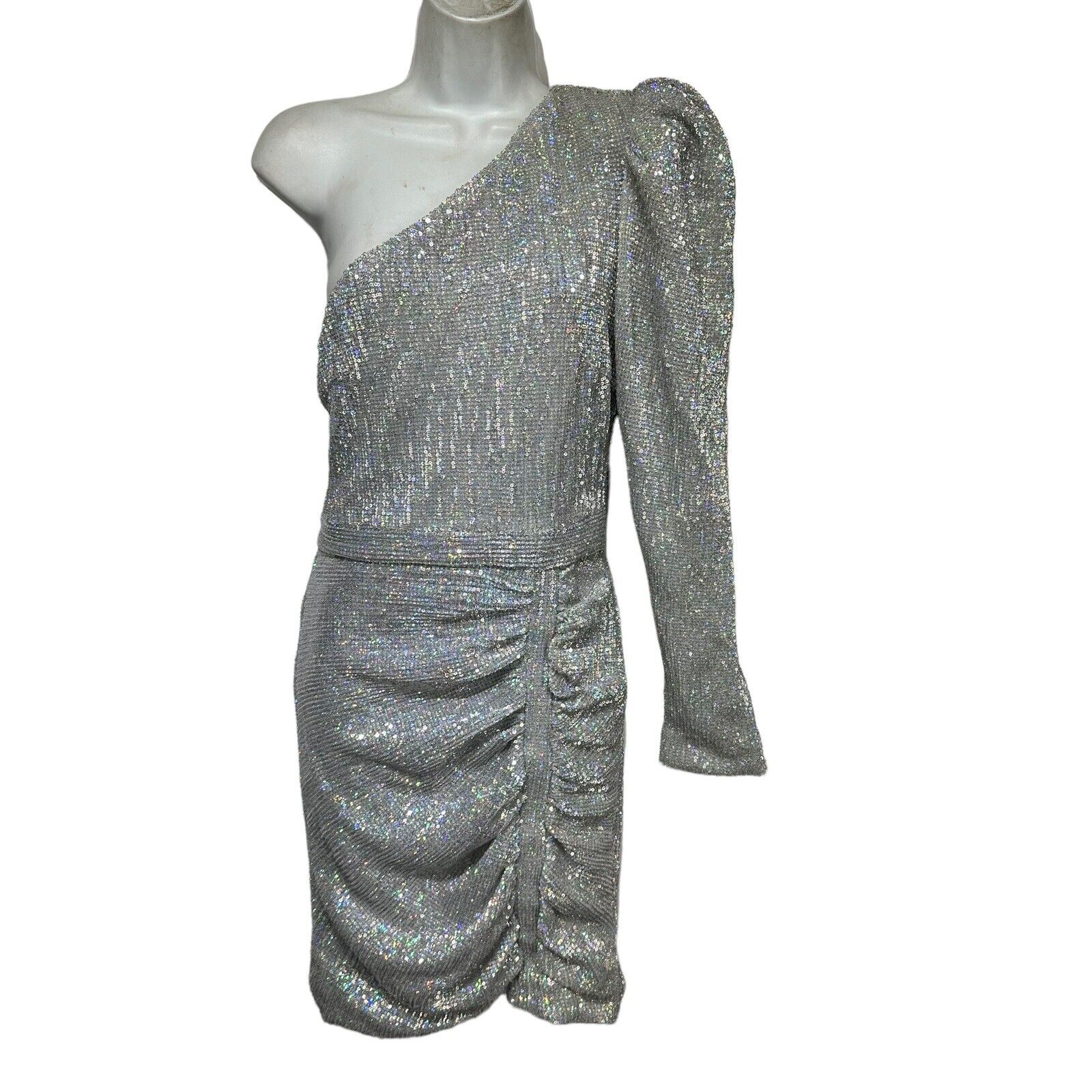 Lavish Alice Sequin One Sleeve Silver Iridescent Holo Cocktail Mini Dress Size 4